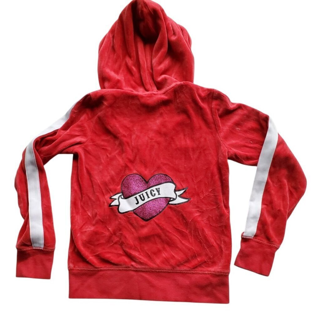 Juicy Couture Y2K style Girl’s Red Velour Sequin Heart Racing stripes Hoodie - Picture 5 of 15